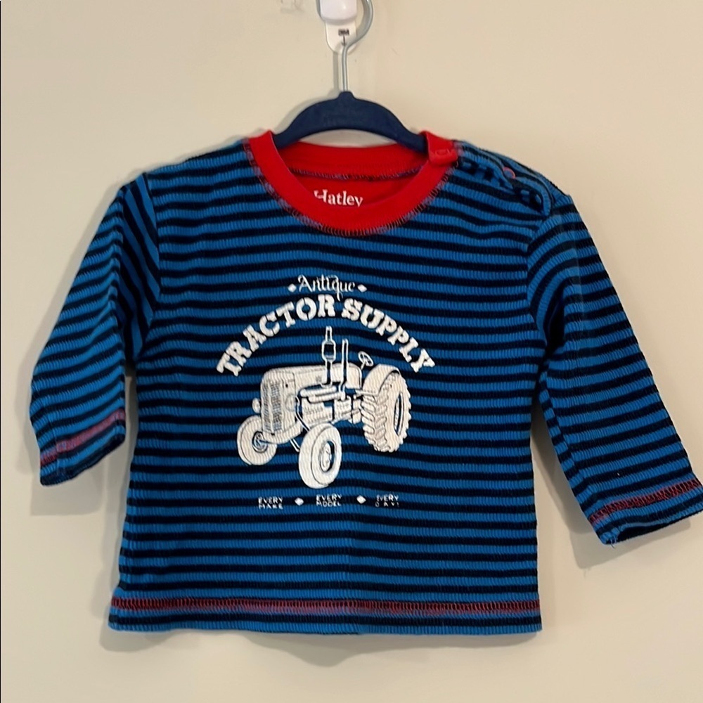 HATLEY Infant 3-6mo Tractor Striped Long Sleeve Cotton Thermal Blue White Red - Picture 1 of 8
